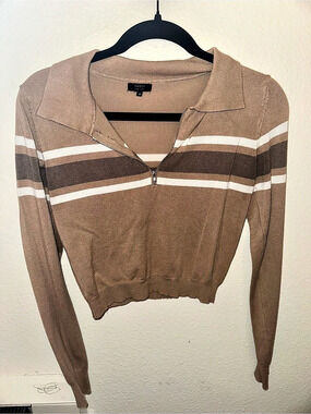 debut Striped Cropped Pullover in Brown & White Size Medium
